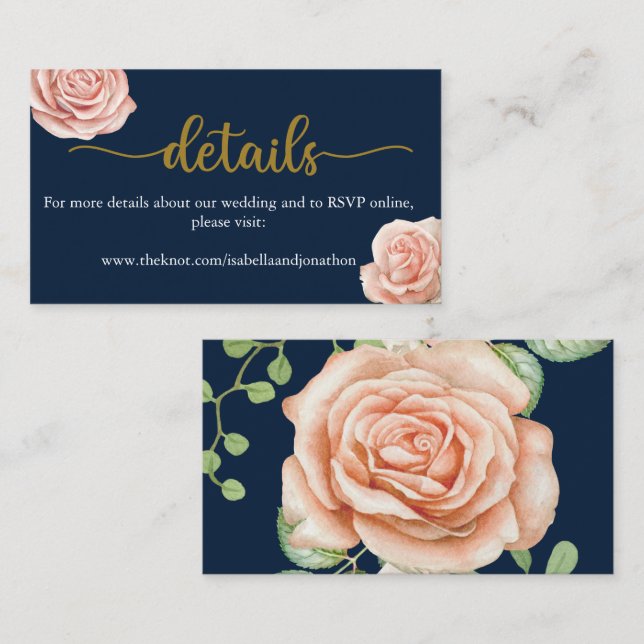 Website zur Hochzeit von Navy Blue Gold Blush Flor Begleitkarte (Vorne/Hinten)