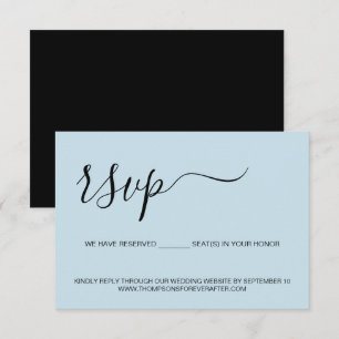 Website zur Sitzhochzeit mit minimalem blauen Skri RSVP Karte