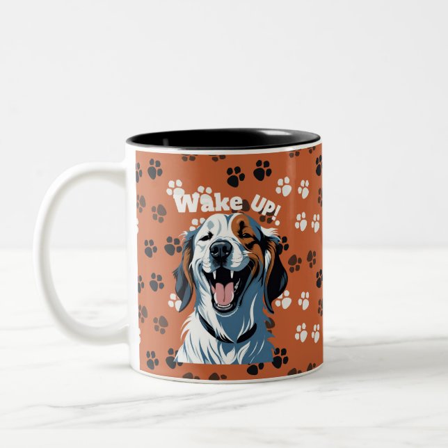 Weck auf!! Golden Retriever Pop Art von CallisC Zweifarbige Tasse (Links)