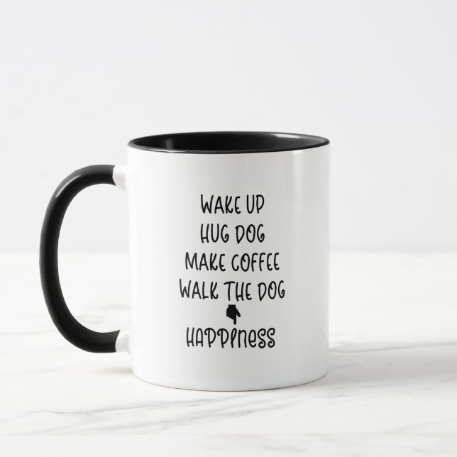 Weck hoch, Hug Hund...Fröhliche, schwarze Kaffee-T Tasse (Links)