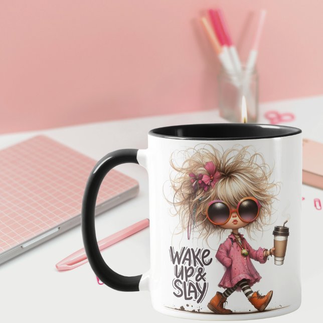 "Weck Up & Slay" Whimsical Latte Girl Coffee Tasse (Von Creator hochgeladen)