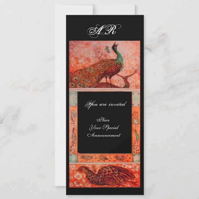 WEDD LIEBE PEACOCKS MONOGRAMM Rot Orange Einladung (Vorderseite)