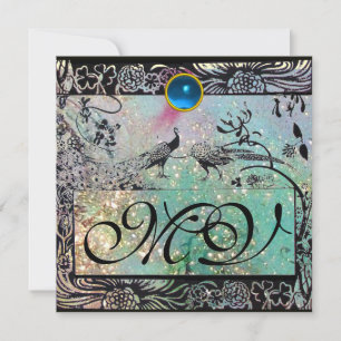 WEDD LIEBE VÖGEL MONOGRAM Black Aqua Blue Einladung