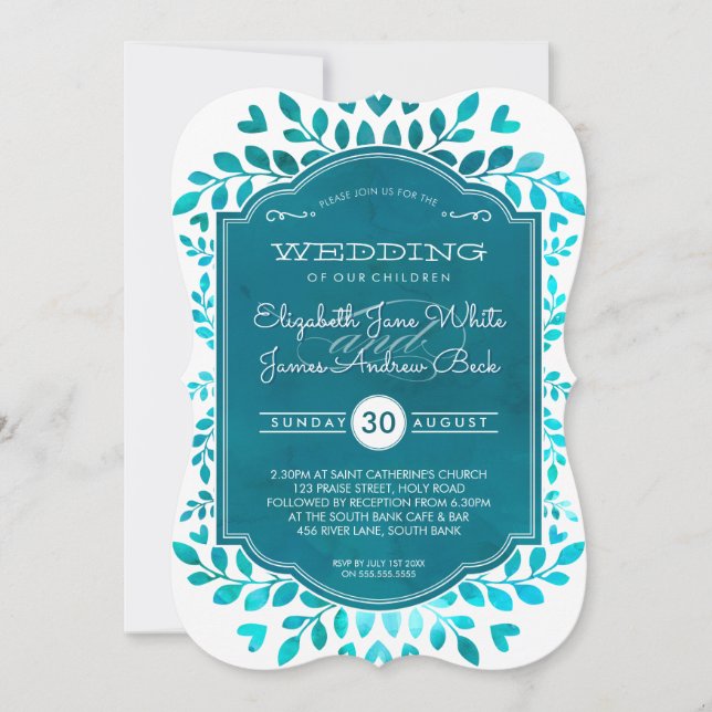 WEDD Modernes botanisches Aqua aquamarin blaues Wa Einladung (Vorderseite)
