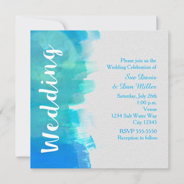 WEDD Watercolor Beach Tropical Blue Einladung (Vorderseite)