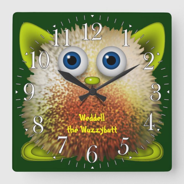 Weddell the Wuzzybutt Kids' Fun Cartoon Clock Quadratische Wanduhr (Vorderseite)