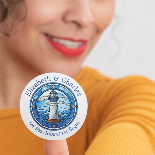 Wedding Adventure Lighthouse Sailing Nautical Runder Aufkleber (Lighthouse nautical wedding bride and groom favor stickers)