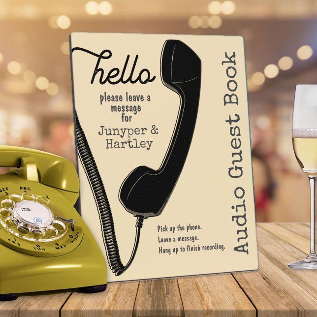 Wedding Audio Gästebuch Black Phone auf Cream 8x10 Fotoplatte (Hello - Wedding Audio Guest Book Sign in Cream Off-White)