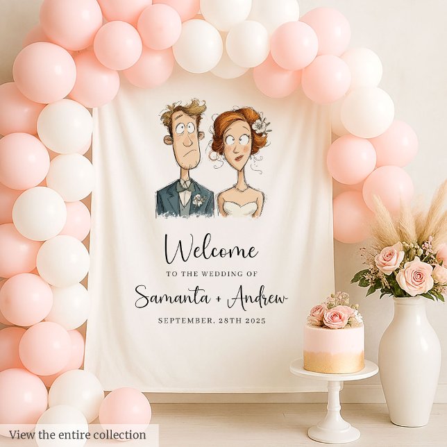 Wedding Banner Watercolor Newlyweds Quirky Couple Wandteppich (Wedding Banner Watercolor Newlyweds Quirky Couple Style)