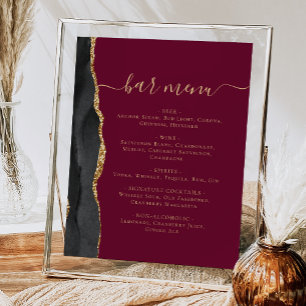 Wedding Bar Menu Black Gold Agate Burgundy Poster
