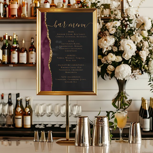Wedding Bar Menu Burgundy Gold Agate Dark Poster (Von Creator hochgeladen)