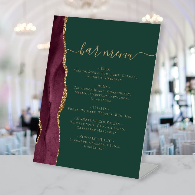 Wedding Bar Menu Burgundy Gold Agate Green Sockelschild (Von Creator hochgeladen)