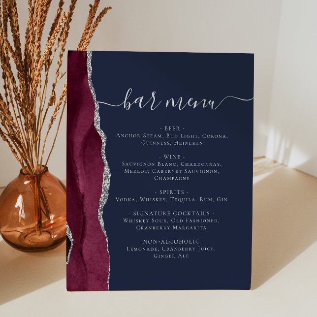 Wedding Bar Menu Burgundy Silver Agate Navy Blue Sockelschild (Von Creator hochgeladen)