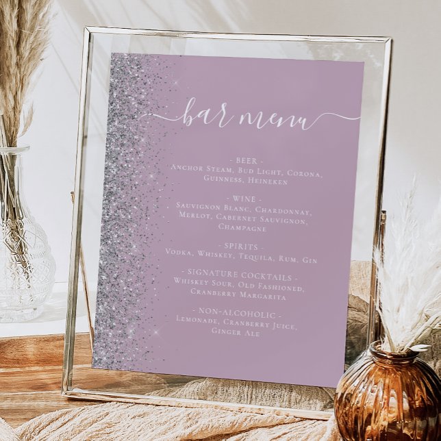 Wedding Bar Menu Dusty Lilac Silver Glitzer Poster (Von Creator hochgeladen)