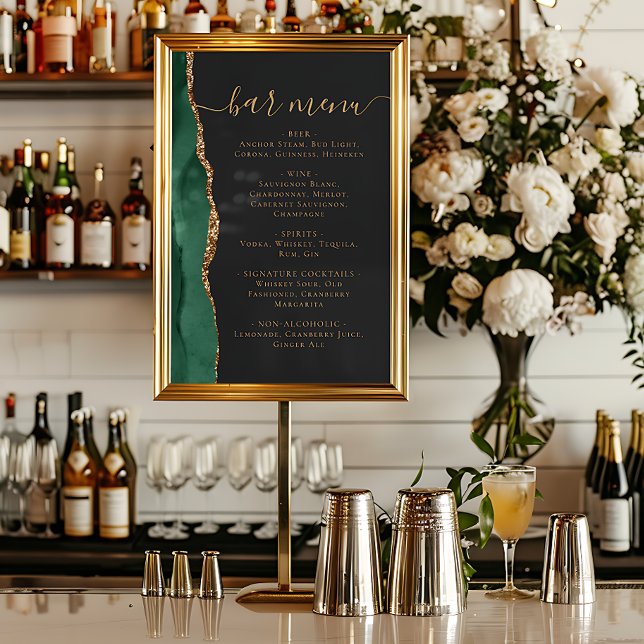 Wedding Bar Menu Emerald Green Gold Agate Dark Poster (Von Creator hochgeladen)