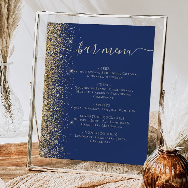 Wedding Bar Menu Navy Blue Gold Glitter Poster (Von Creator hochgeladen)