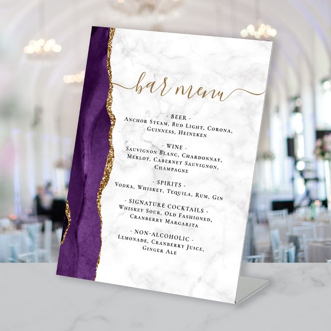 Wedding Bar Menu Purple Gold Agate Marble Sockelschild (Von Creator hochgeladen)