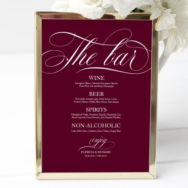 Wedding Bar Menu Sign Chic Burgundy Marsala Poster (Von Creator hochgeladen)