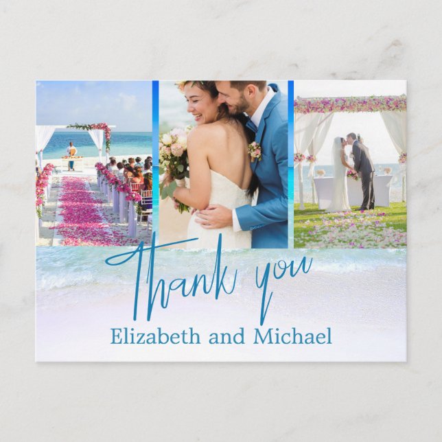 Wedding Beach Blue Ocean 3 Foto Elegant Vielen Dan Postkarte (Vorderseite)