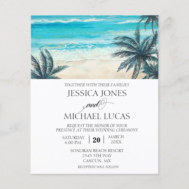 Wedding Beach Destination Ocean Watercolor Budget Flyer (Vorne)