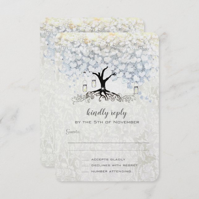 Wedding Bell Blue Heart Leaf Tree Wedding RSVP Einladung (Vorne/Hinten)