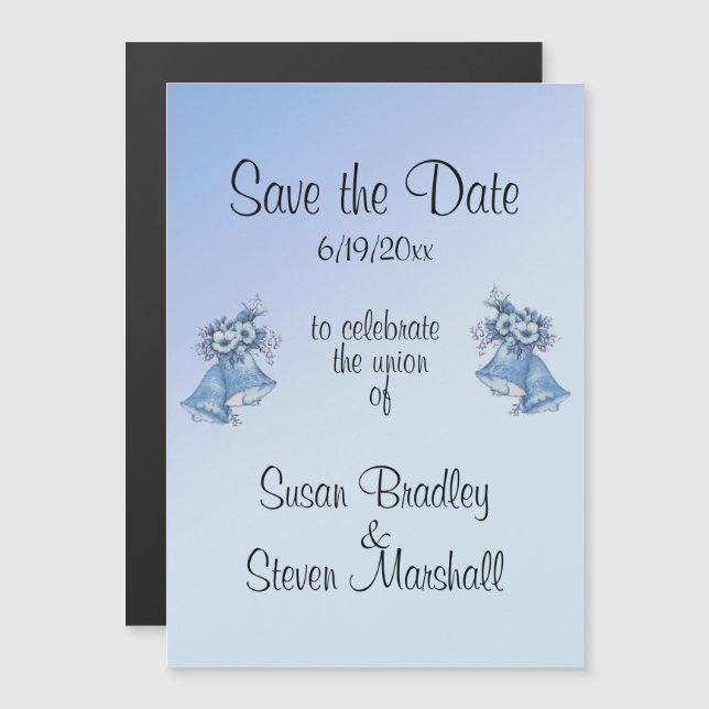 Wedding Bells Blue Save the Date Magneteinladung (Vorne/Hinten)