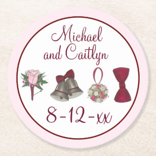 Wedding Bells Blume Bow Krawatte Bridal Rose Bouqu Runder Pappuntersetzer