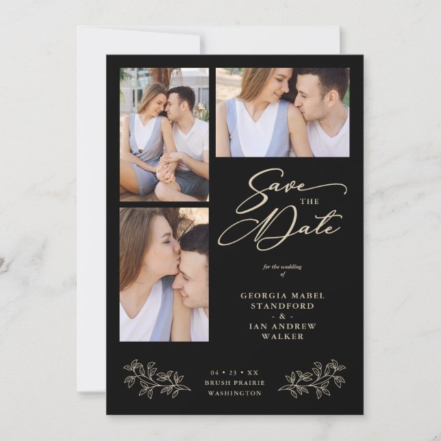 Wedding Black 3 Photos Collage Fancy Branches Save The Date (Vorderseite)