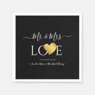 Wedding Black Gold Heart Script Name Mr. und Mrs. Serviette