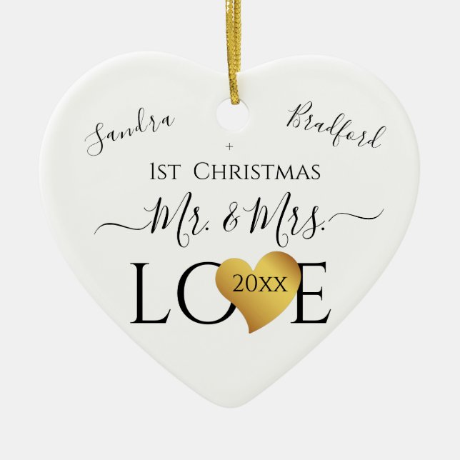 Wedding Black Gold Heart Weihnachten Name Mr. Ce Keramik Ornament (Vorne)