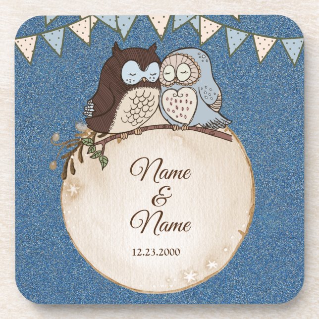 Wedding Blue Brown Owl Glitter Beautiful Beverage  Getränkeuntersetzer (Vorderseite)