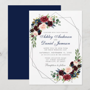 Wedding Blue Burgundy Floral Geometric Silver Einladung