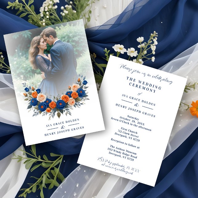 Wedding Blue & Orange Flowers Romantic Garland Einladung (Wedding Blue & Orange Flowers Romantic Garland  Photo Invitation with Envelope.)
