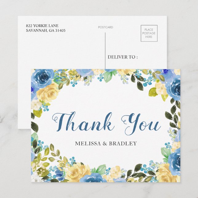Wedding Blue Yellow Floral Vielen Dank Postcard Postkarte (Vorne/Hinten)