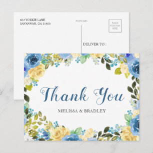 Wedding Blue Yellow Floral Vielen Dank Postcard Postkarte
