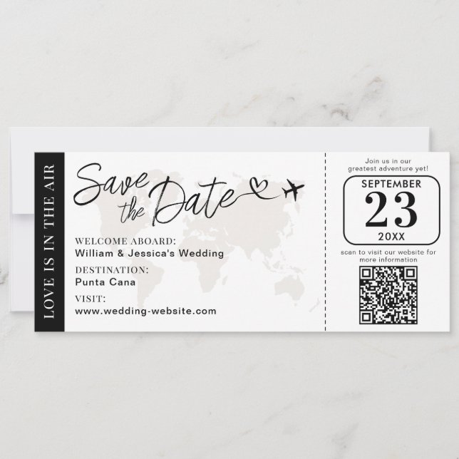 Wedding Boarding Pass Save The Date With QR Code Karte (Vorderseite)