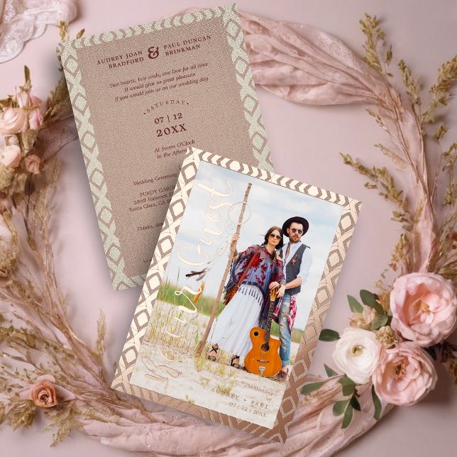 Wedding  Bohemian Tribal Textile Background Folieneinladung (Real Rose Gold Bohemian Tribal Textile Texture Background Photo Couple Metallic Foil Invitation.)