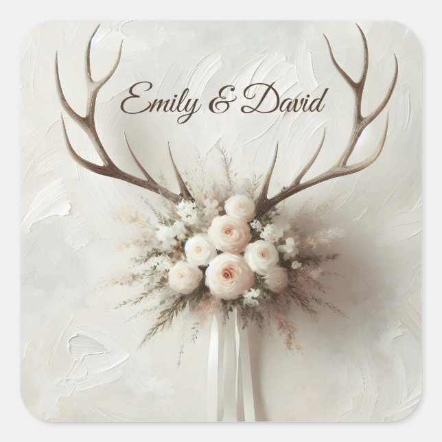 Wedding Bouquet und Deer Antlers Quadratischer Aufkleber (Vorderseite)