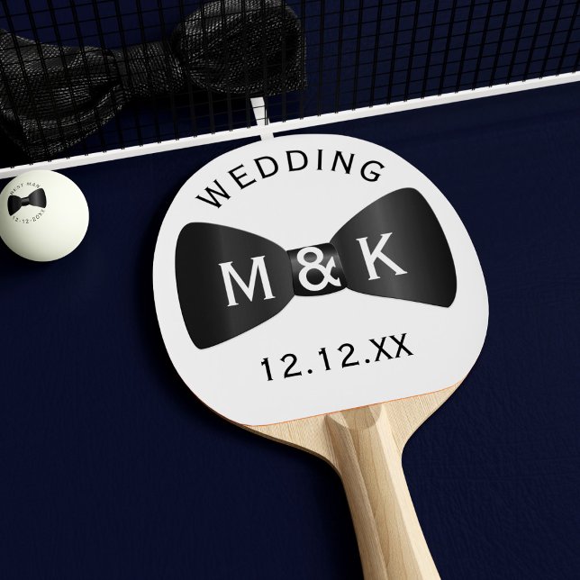 Wedding Bow Tie Personalized Ping Pong Paddle Tischtennis Schläger (Add your initials and wedding date to this black and white ping pong paddle)