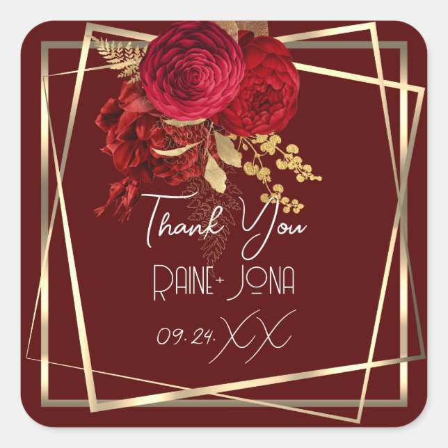Wedding Brautparty Gefallen Red Floral Burgundy Quadratischer Aufkleber (Vorderseite)