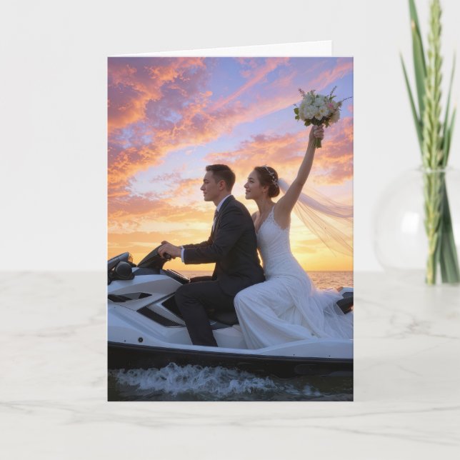 Wedding Bride and Groom on a Jet Ski Karte (Vorderseite)