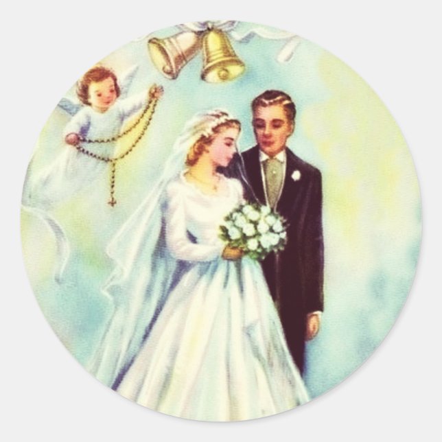 Wedding Bride Groom Angel Rosary Bells Runder Aufkleber (Vorderseite)