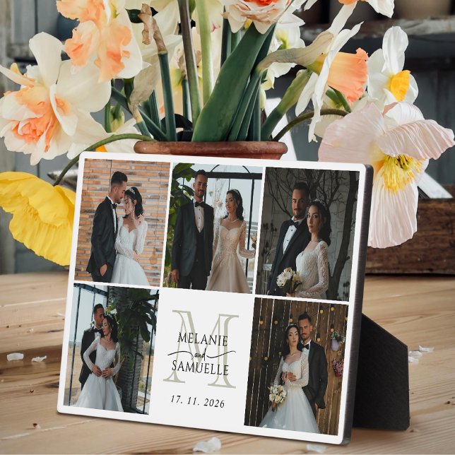 Wedding Bride & Groom Photo Collage Monogram Names Fotoplatte (Von Creator hochgeladen)