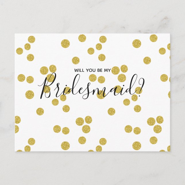 Wedding Bridesmaid | Gold Confetti Script Postcard Einladungspostkarte (Vorderseite)