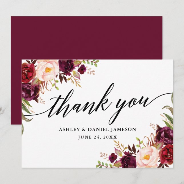 Wedding Calligraphy l Burgundy Floral Dankeskarte (Vorne/Hinten)