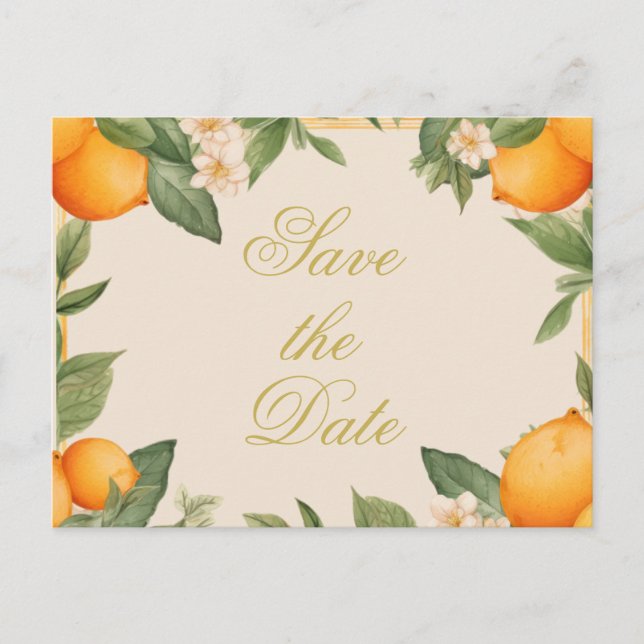 Wedding Citrus Summer Orange Elegant Save the Date Ankündigungspostkarte (Vorderseite)