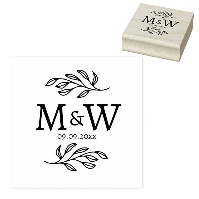 Wedding Couple Monogram Date Elegant Botanical Gummistempel (Modern wedding couple monogram initials botanical leaf wedding date personalized rubber stamp)