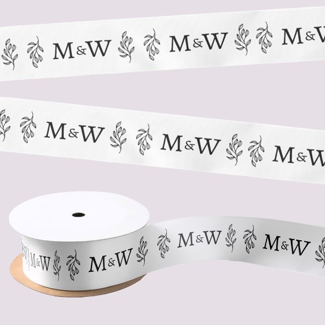 Wedding Couple Monogram Elegant Botanical Leaf Satinband (Modern wedding couple initials logo botanical leaf line art ribbon)