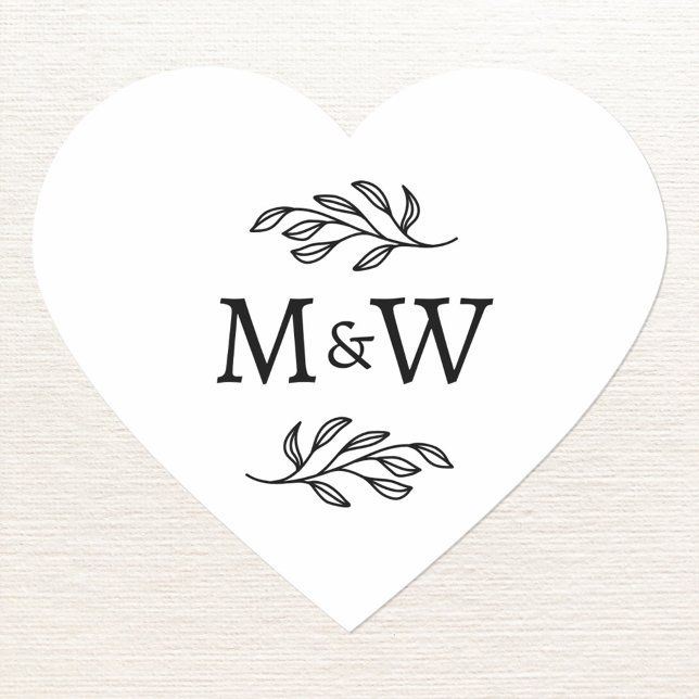 Wedding Couple Monogram Initial Botanical Heart Herz-Aufkleber (Modern wedding couple monogram initial logo botanical leaf heart sticker)