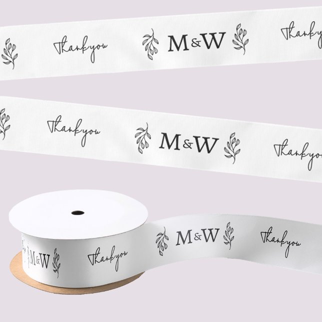 Wedding Couple Monogram Thank You Botanical Leaf Satinband (Personalized wedding couple monogram initials botanical leaf art thank you ribbon)